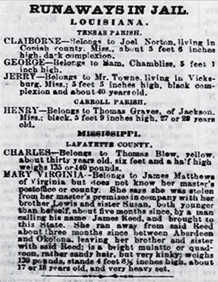 Runaways Mentioned in the Vicksburg Whig: April 17, 1861