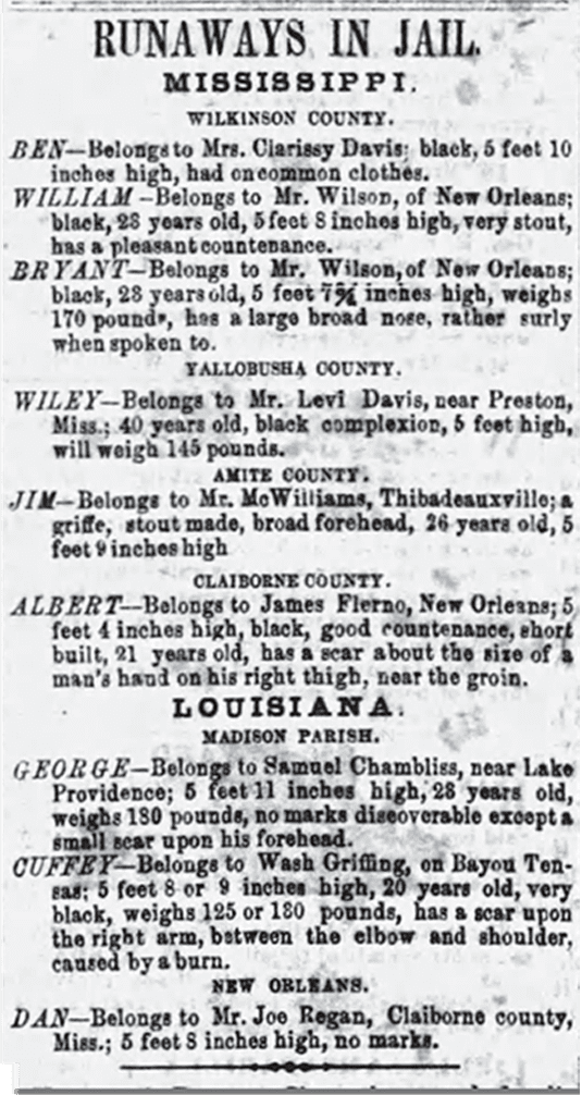 Runaways in the Vicksburg Whig: June 7, 1857