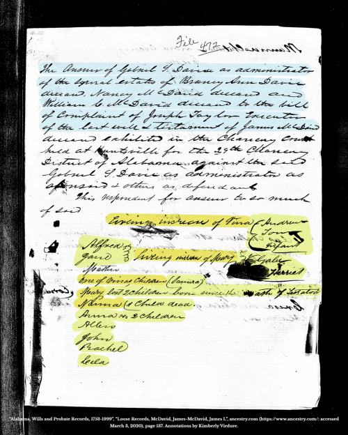 Accounting of Births and Deaths of Those Enslaved by the McDavids Between 1842 and 1854 (as reported by heirs)