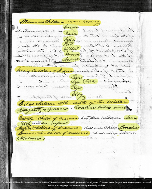 1854 Accounting of Births and Genealogies of People Enslaved by the Estate of James L McDavid Sr